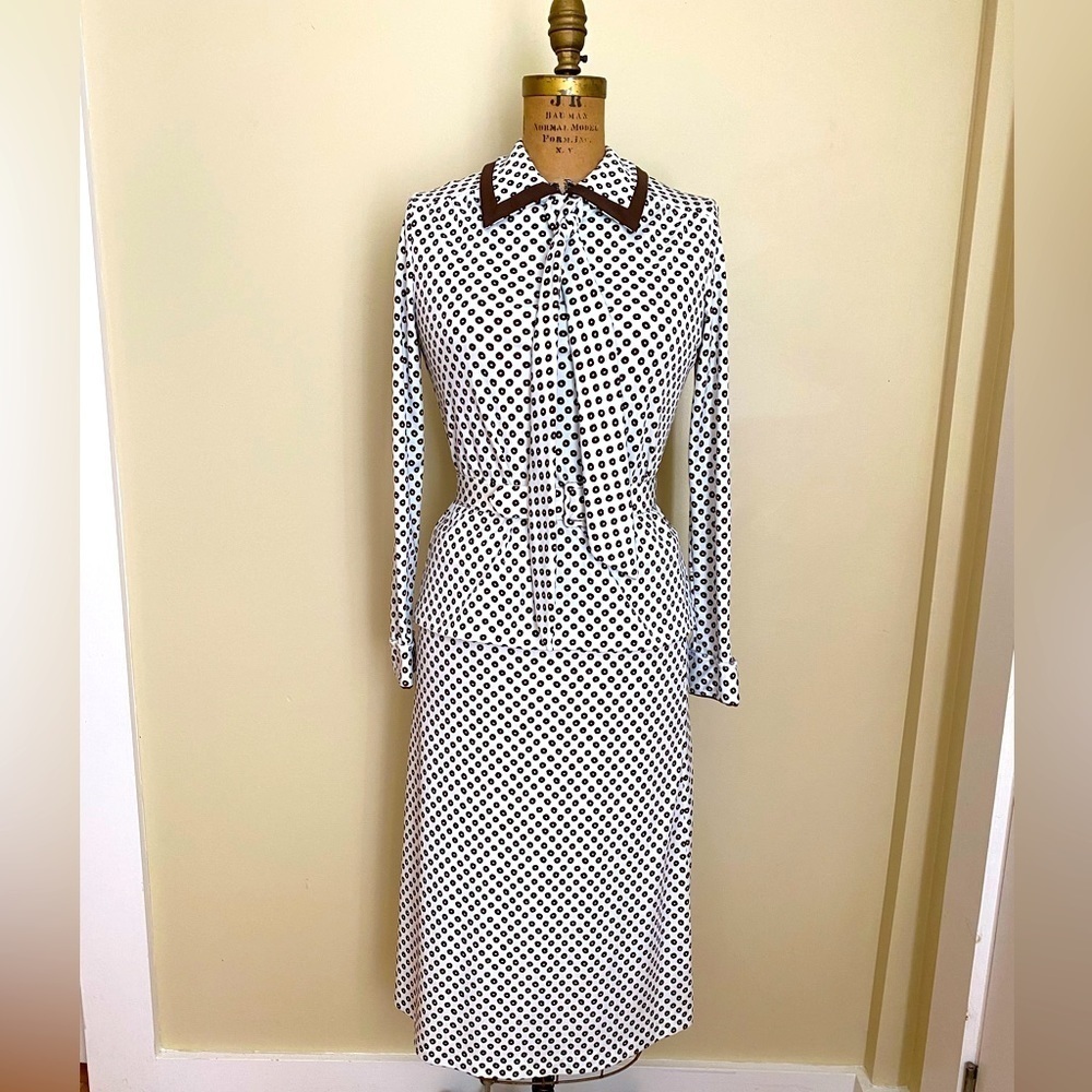 Vintage White & Brown Polka Dot 2 Piece Skirt and Matching Secretary Blouse Set